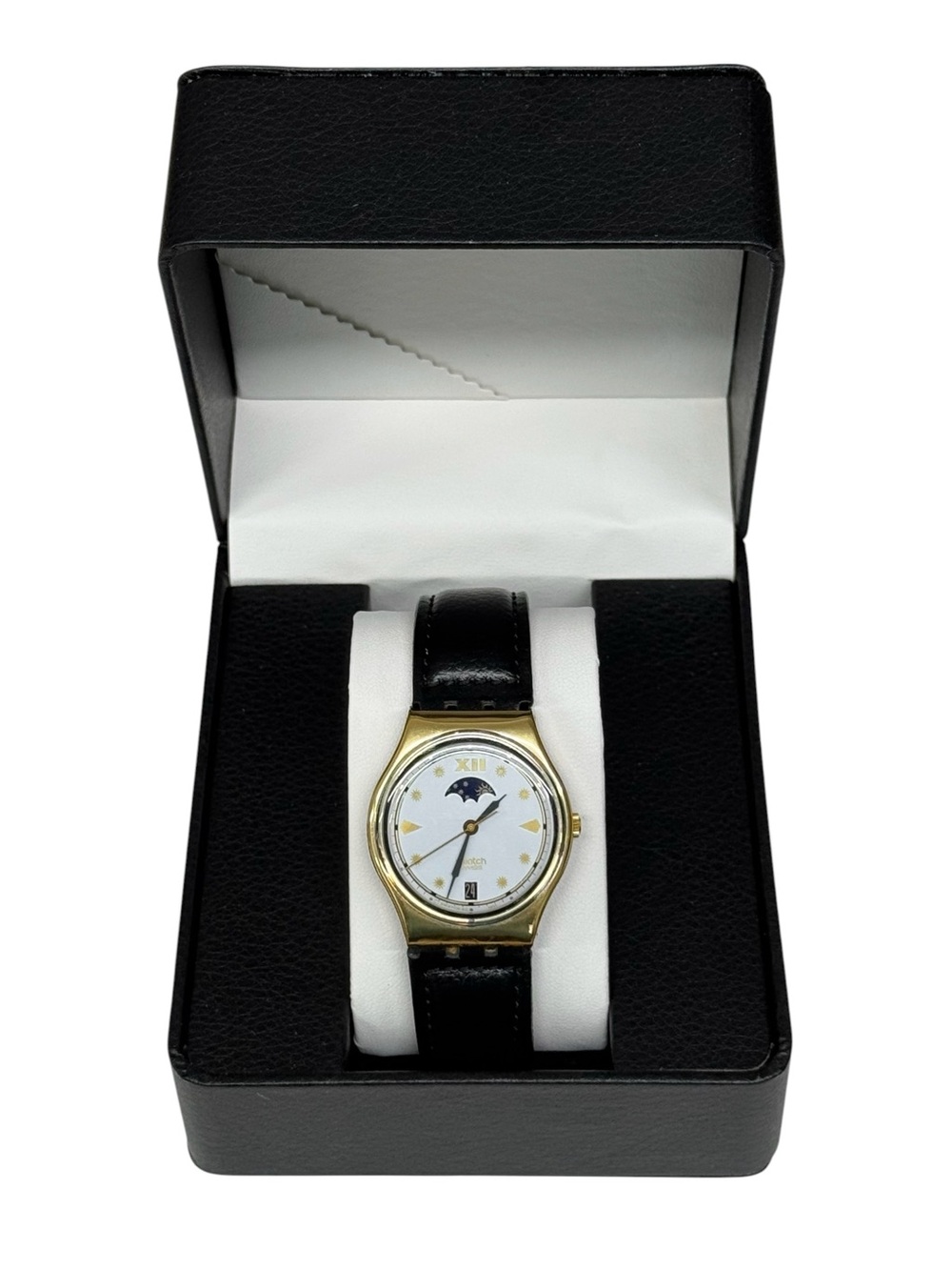 Vintage 1991 Swatch Moon Phase Gold Plated Bezel White Face Watch GX709 New Band